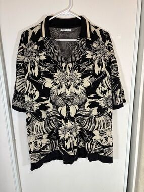 Zara Man Floral Button Up Shirt Tropical Black & White Large